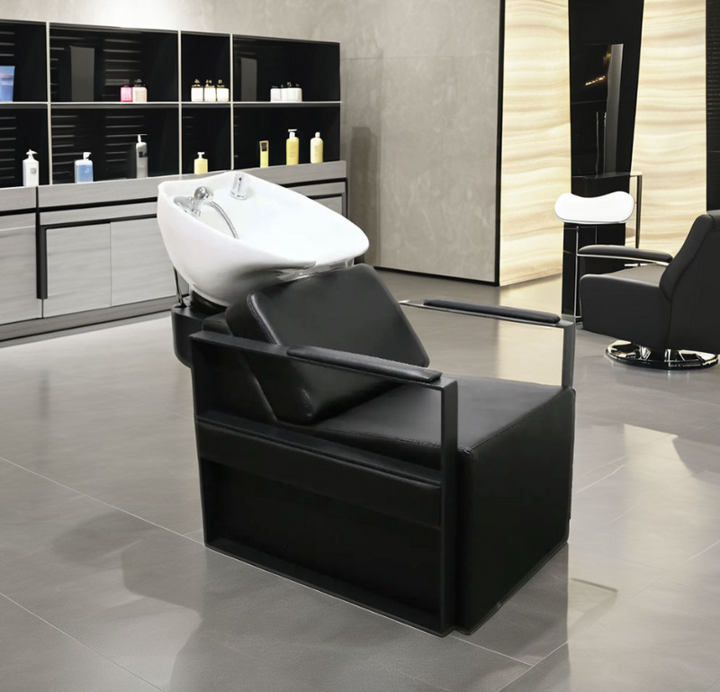 Modern Salon Spa Shampoo Bowl Chair Black Synthetic Leather Custom Manufactured Ceramic Basin Factory Wholesale Hair Washing